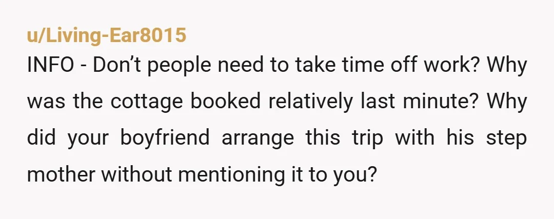 u/Living-Ear8015 INFO - Don’t people need to take time off work? Why was the cottage booked relatively last minute? Why did your boyfriend arrange this trip with his step mother...