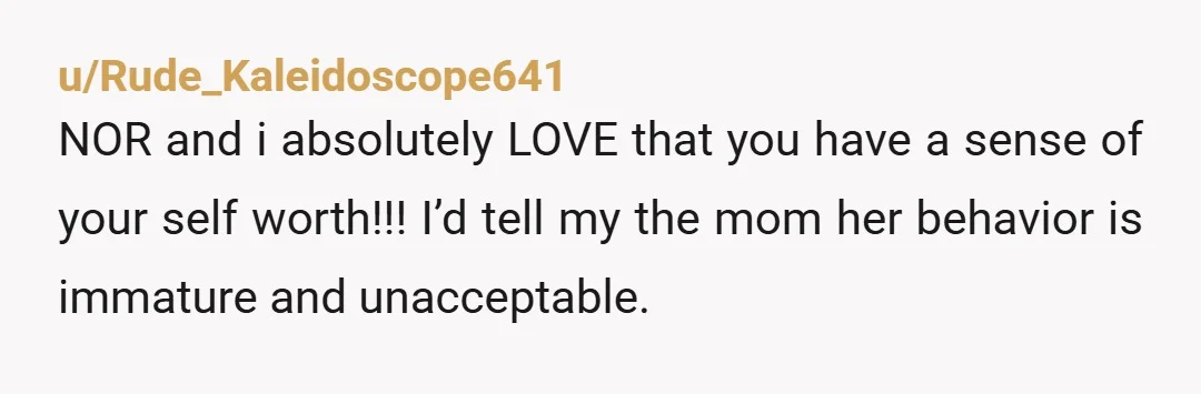 u/Rude_Kaleidoscope641 NOR and i absolutely LOVE that you have a sense of your self worth!!! I’d tell my the mom her behavior is immature and unacceptable.