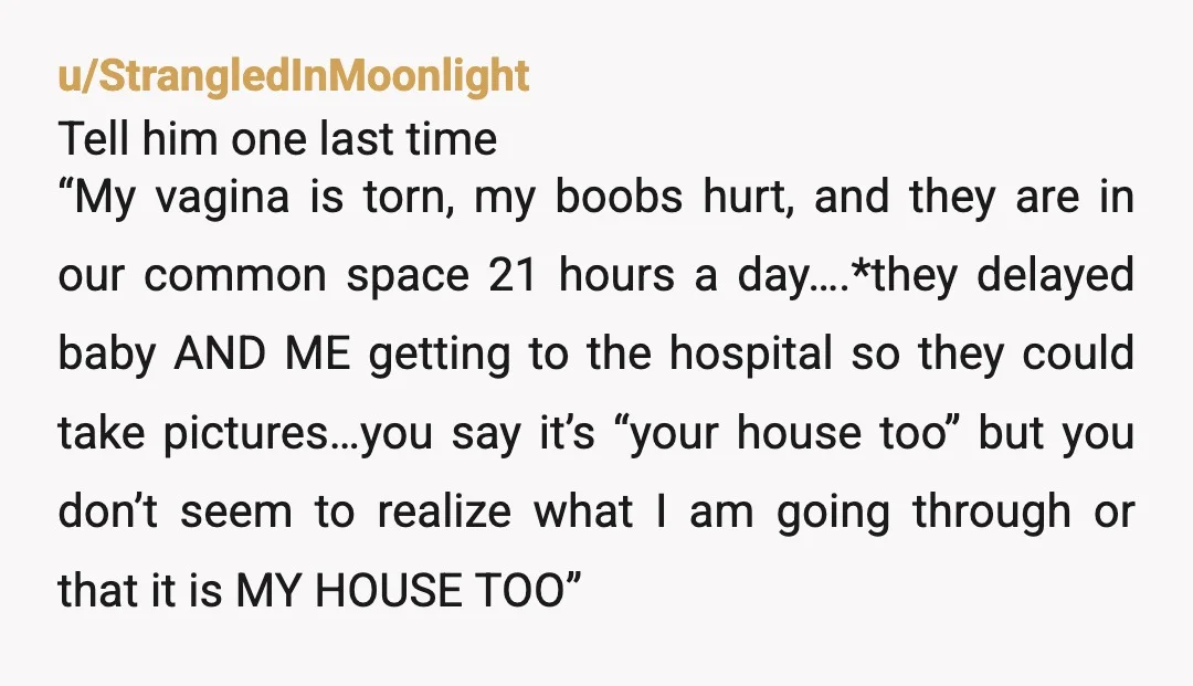 u/Bigisucre Oh honey, your husband is an AH! He cares more for his parents than you. They all are trash. Seriously consider to leave with the baby for a while...