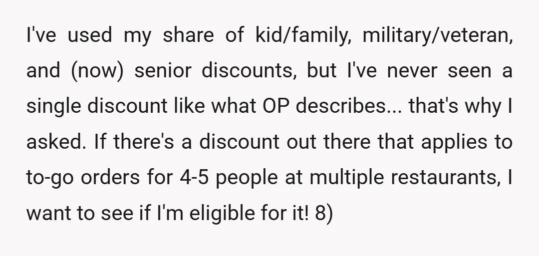 u/GeoLilDevil
NTA
Tell them the discount is paying for your gas.