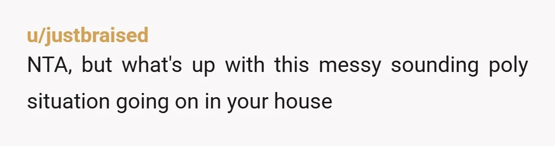 u/justbraised
NTA, but what's up with this messy sounding poly situation going on in your house