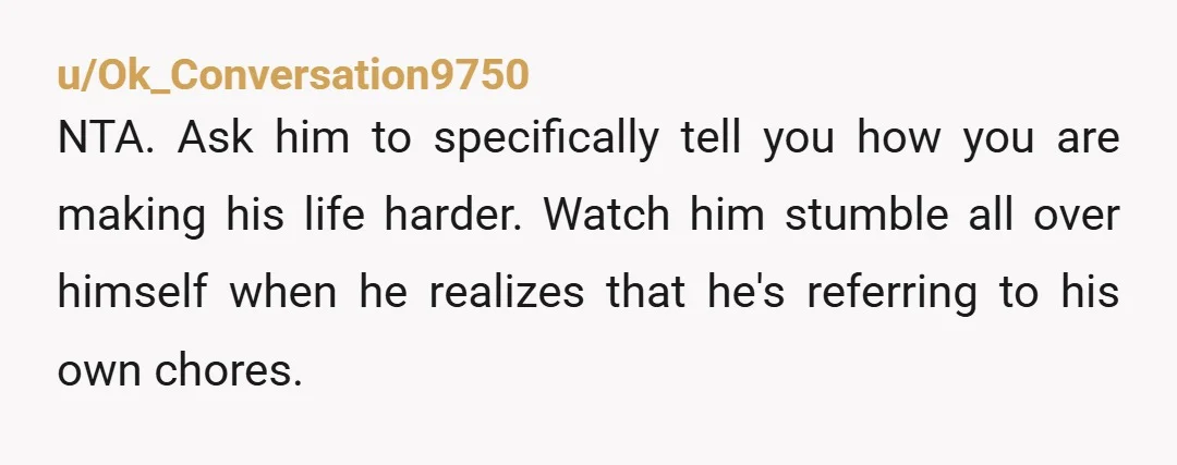 u/Ok_Conversation9750 NTA. Ask him to specifically tell you how you are making his life harder. Watch him stumble all over himself when he realizes that he's referring to his own...