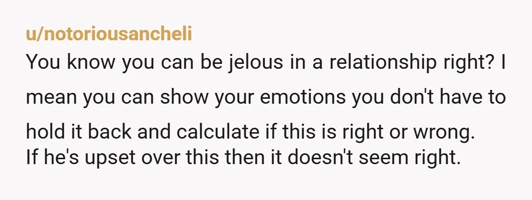 u/notoriousancheli You know you can be jelous in a relationship right? I mean you can show your emotions you don't have to hold it back and calculate if this is...