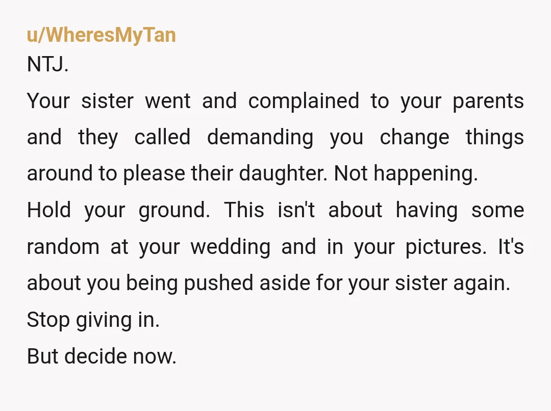 u/ritlingit NTJ - he’s not her boyfriend. He’s just a date. Your parents aren’t paying for the bulk of the wedding. Even if they were this is your wedding. You’re...