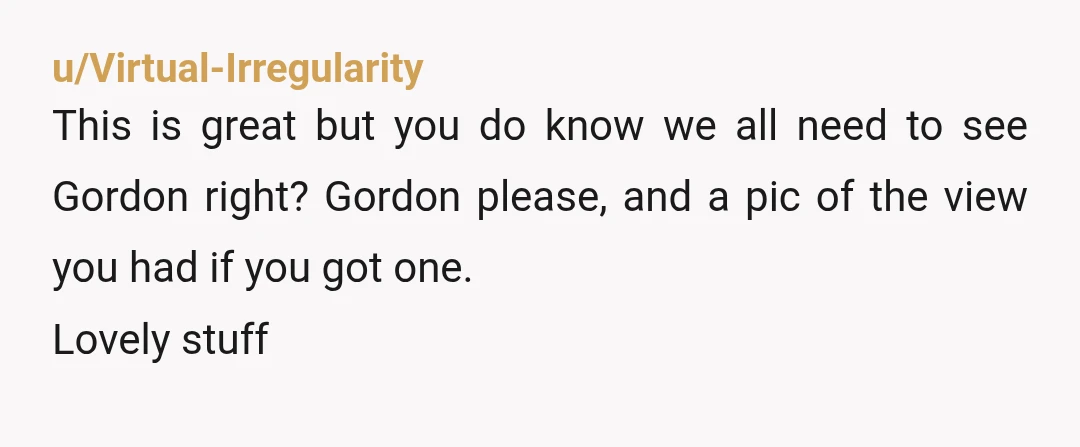 u/Virtual-Irregularity This is great but you do know we all need to see Gordon right? Gordon please, and a pic of the view you had if you got one. Lovely...