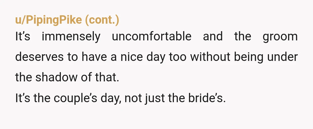 u/l3ex_G Nta Your wife cares more about you ruining a wedding than your safety. Thats a really bad omen