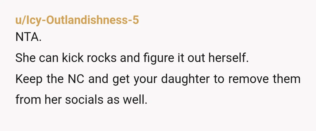 u/RWAdvice
NTA tell your family to back off or they can lose your number too,