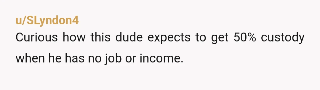 u/SLyndon4
Curious how this dude expects to get 50% custody when he has no job or income.