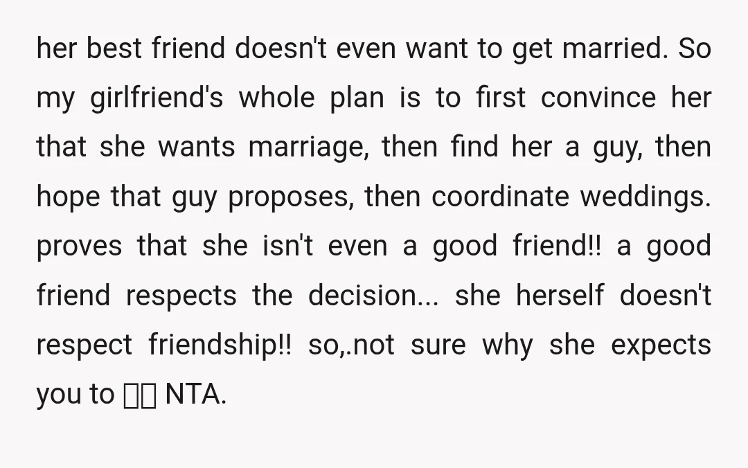 u/grrrrowlhissss NTA that is very immature “magical thinking” territory that your girlfriend is living in. She is WAY too dependent on her friendship if she can’t have her own thing...