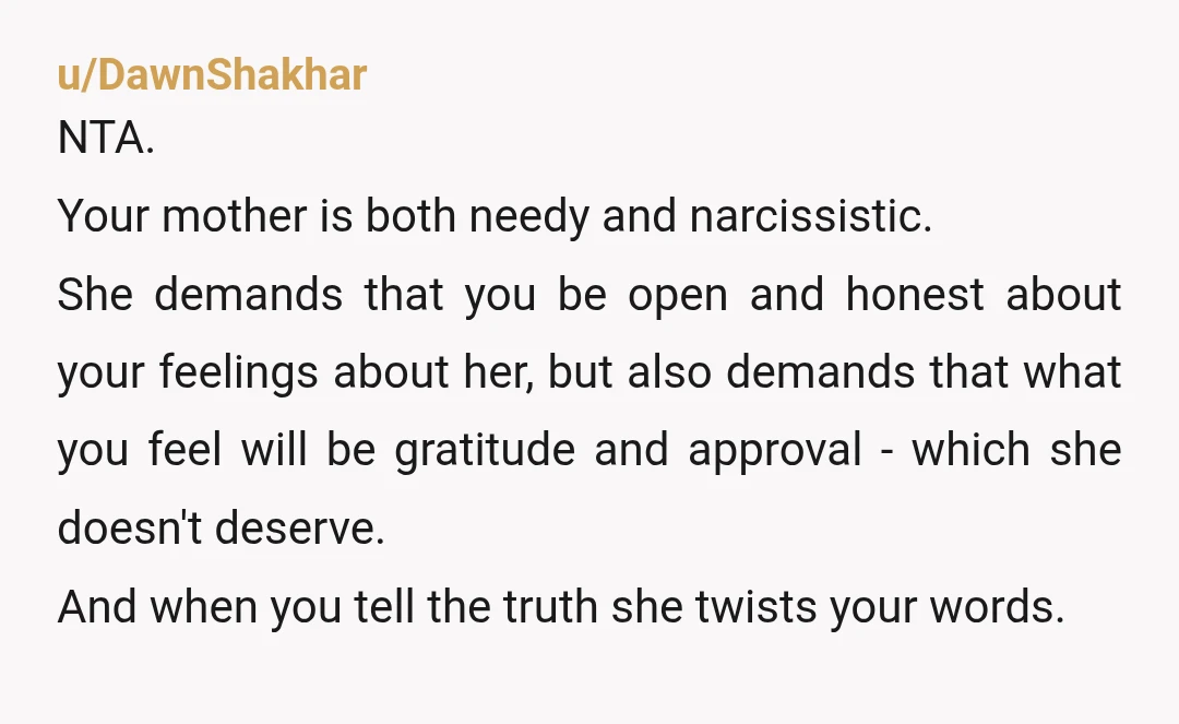 u/Helln_Damnation
Just show her this post. I think you have explained your feelings very well. And she might have her eyes opened by some of the answers. NTA.
