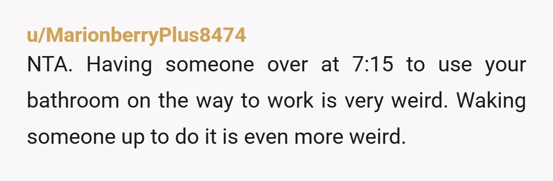 u/MarionberryPlus8474 NTA. Having someone over at 7:15 to use your bathroom on the way to work is very weird. Waking someone up to do it is even more weird. What...