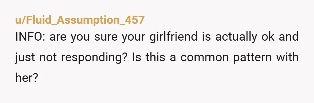 u/Fluid_Assumption_457
INFO: are you sure your girlfriend is actually ok and just not responding? Is this a common pattern with her?