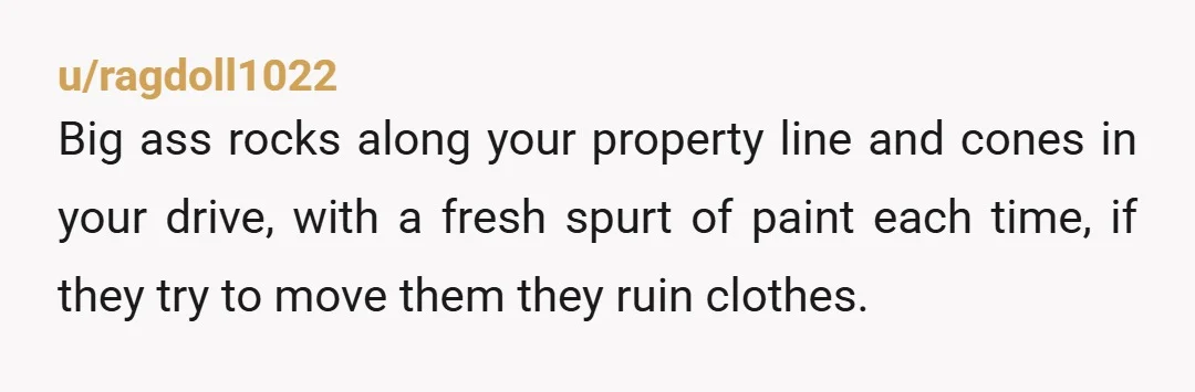u/ragdoll1022 Big ass rocks along your property line and cones in your drive, with a fresh spurt of paint each time, if they try to move them they ruin clothes.