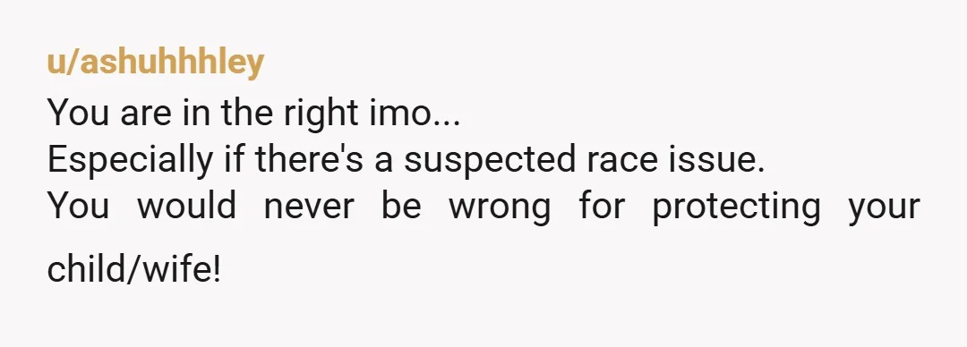 u/ashuhhhley
You are in the right imo...
Especially if there's a suspected race issue.
You would never be wrong for protecting your child/wife!