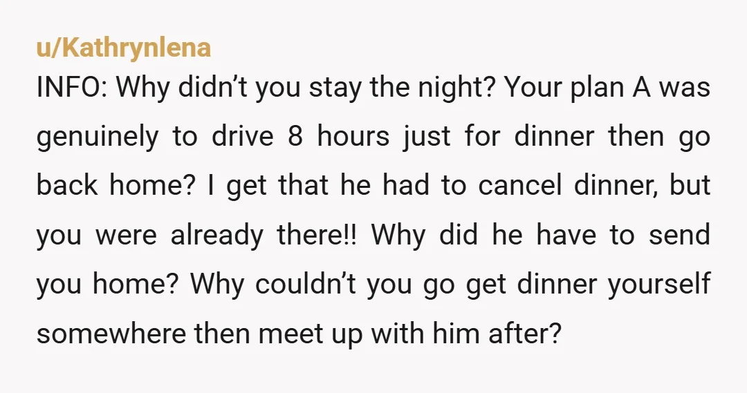u/Creative_Recover Serious question, but if you have to spend over $100 and drive 4.5+ hrs anytime you want to see this guy, how long-term sustainable is this relationship? What exactly...