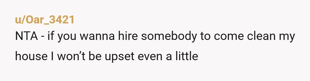 u/Oar_3421
NTA - if you wanna hire somebody to come clean my house I won’t be upset even a little