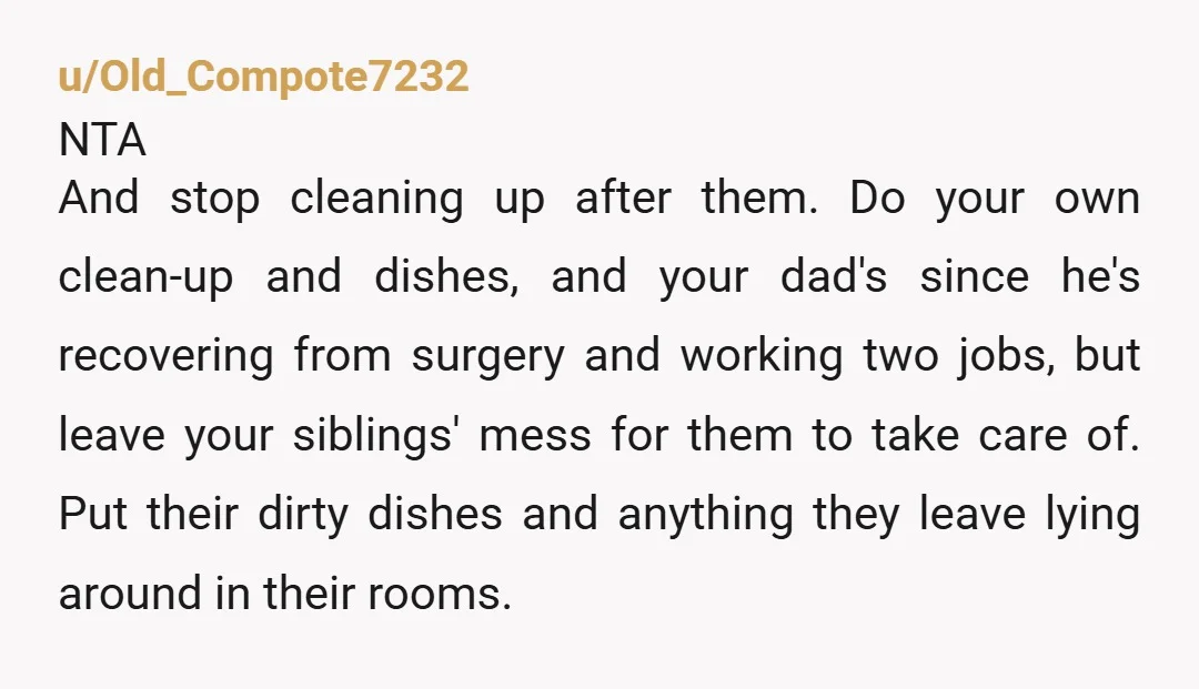 u/Old_Compote7232 NTA And stop cleaning up after them. Do your own clean-up and dishes, and your dad's since he's recovering from surgery and working two jobs, but leave your siblings'...