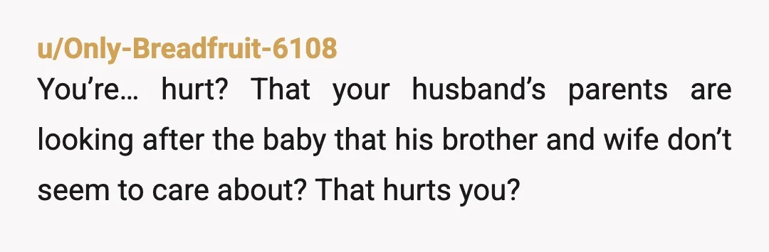 u/Only-Breadfruit-6108 You’re… hurt? That your husband’s parents are looking after the baby that his brother and wife don’t seem to care about? That hurts you? That hurts you so much...