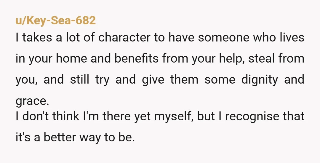 u/Key-Sea-682 I takes a lot of character to have someone who lives in your home and benefits from your help, steal from you, and still try and give them some...