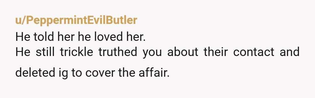 u/PeppermintEvilButler
He told her he loved her.
He still trickle truthed you about their contact and deleted ig to cover the affair.