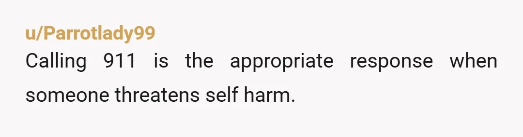 u/Parrotlady99
Calling 911 is the appropriate response when someone threatens self harm.