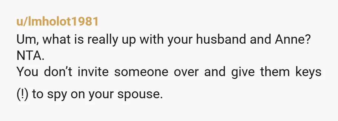 u/lmholot1981
Um, what is really up with your husband and Anne?
NTA.
You don’t invite someone over and give them keys (!) to spy on your spouse.