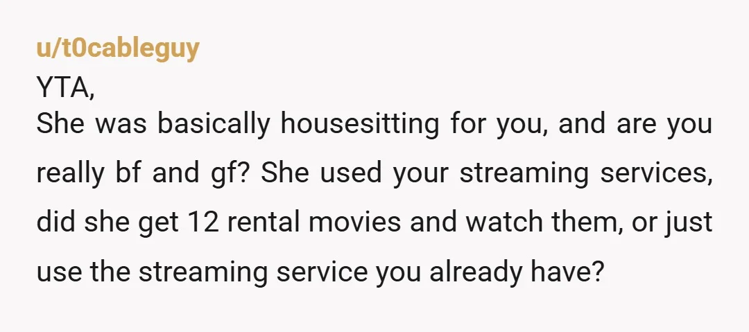 u/t0cableguy YTA, She was basically housesitting for you, and are you really bf and gf? She used your streaming services, did she get 12 rental movies and watch them, or...