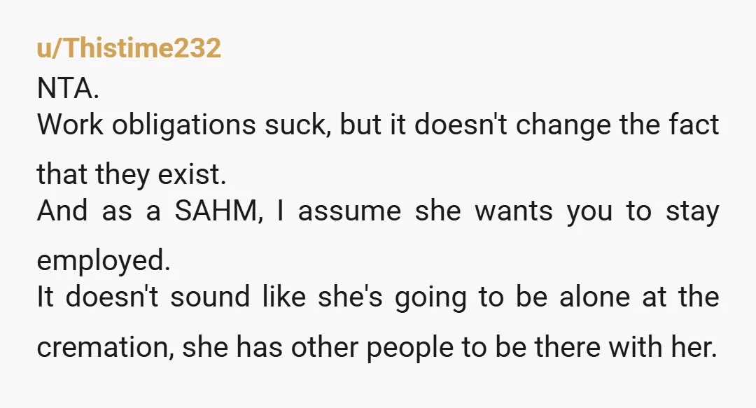 u/Thistime232 NTA. Work obligations suck, but it doesn't change the fact that they exist. And as a SAHM, I assume she wants you to stay employed. It doesn't sound like...