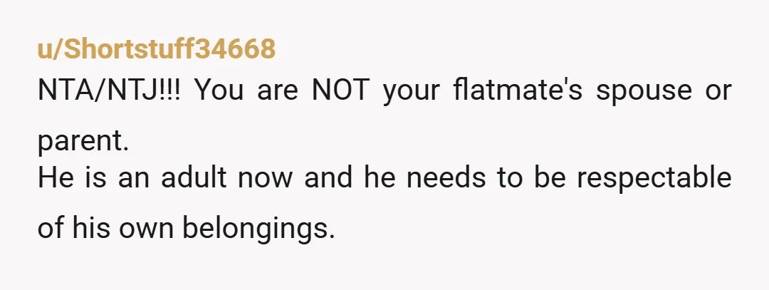 u/Shortstuff34668 NTA/NTJ!!! You are NOT your flatmate's spouse or parent. He is an adult now and he needs to be respectable of his own belongings.