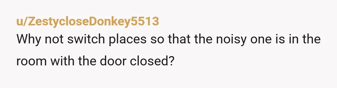 u/ZestycloseDonkey5513
Why not switch places so that the noisy one is in the room with the door closed?