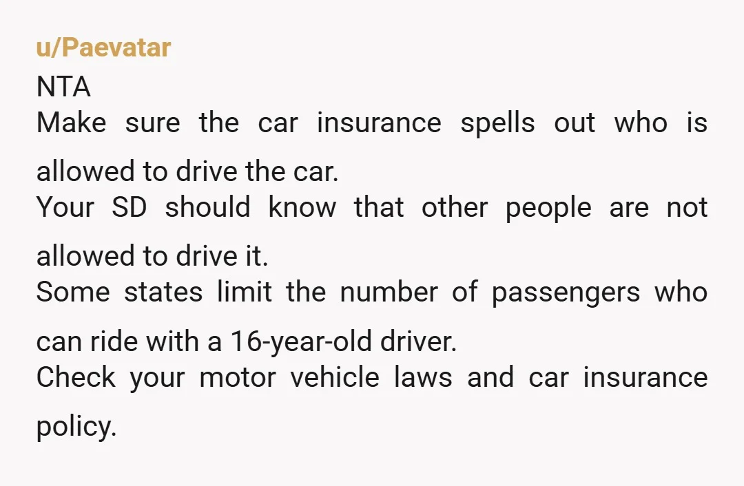 u/TheEnquirer1138 NTA, because if you and your husband own and insure the car, it’s totally reasonable to say it stays on your custody time since insurance usually follows the car...