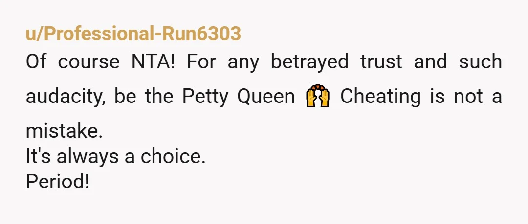 u/Professional-Run6303 Of course NTA! For any betrayed trust and such audacity, be the Petty Queen 🙌 Cheating is not a mistake. It's always a choice. Period!