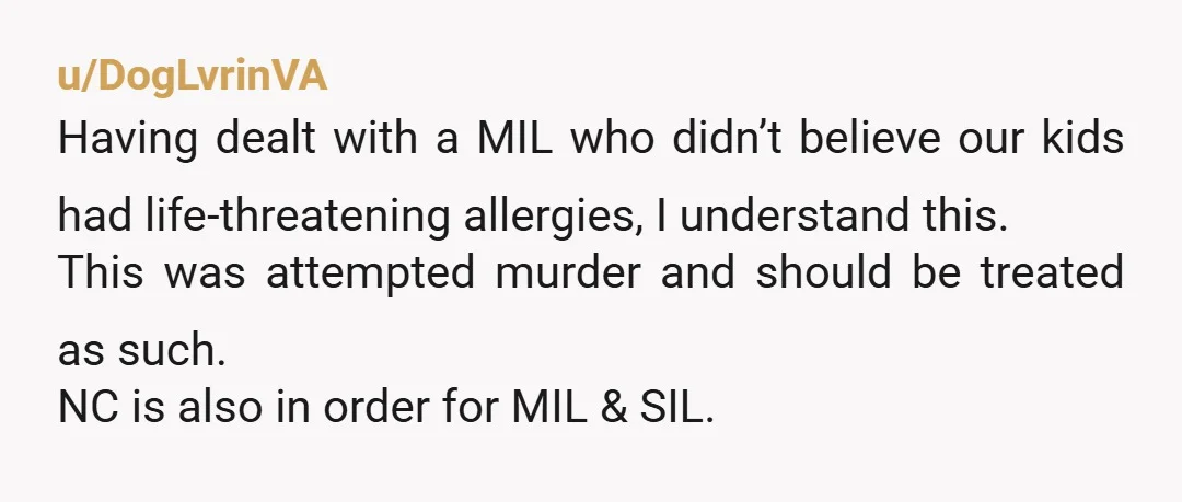 u/DogLvrinVA Having dealt with a MIL who didn’t believe our kids had life-threatening allergies, I understand this. This was attempted murder and should be treated as such. NC is also...