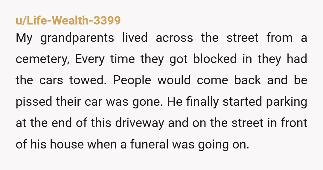 u/Life-Wealth-3399 My grandparents lived across the street from a cemetery, Every time they got blocked in they had the cars towed. People would come back and be pissed their car...