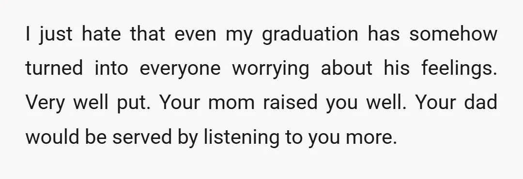u/curious382 NTA Your mom offered him a night in a hotel. Not a double occupancy. Not the air B&B. Not a "plus 1" for your graduation. After freeloading off of...