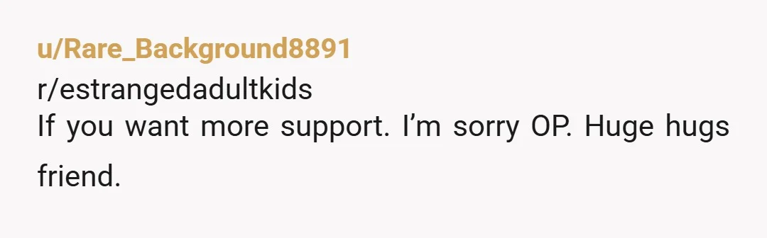 u/Rare_Background8891
r/estrangedadultkids
If you want more support. I’m sorry OP. Huge hugs friend.