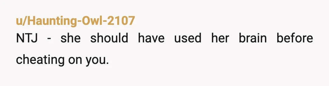 u/Haunting-Owl-2107
NTJ  - she should have used her brain before cheating on you.
