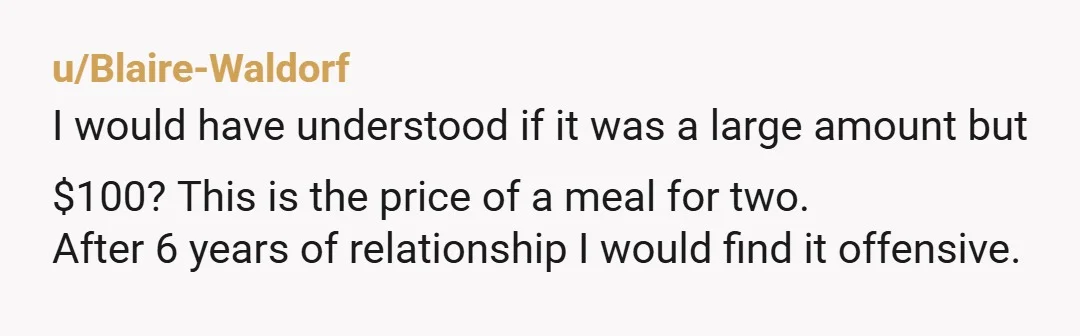 u/Blaire-Waldorf I would have understood if it was a large amount but $100? This is the price of a meal for two. After 6 years of relationship I would find...