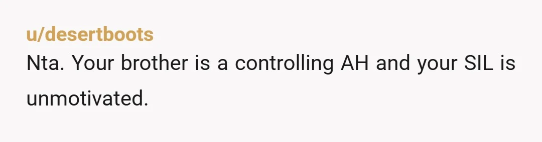 u/desertboots
Nta. Your brother is a controlling AH and your SIL is unmotivated. 
