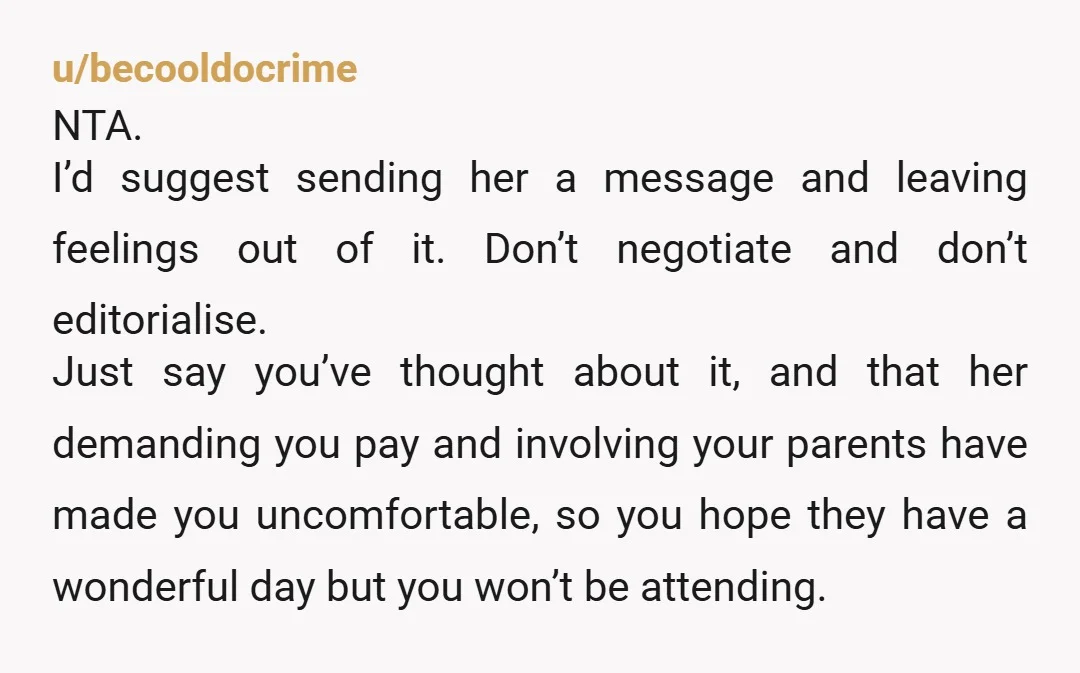u/Tootsie-Chateau59 Tell her if you’re working her wedding you are not a guest. So the $500 contribution doesn’t apply to vendors. If she wants a deal on her photography, she...