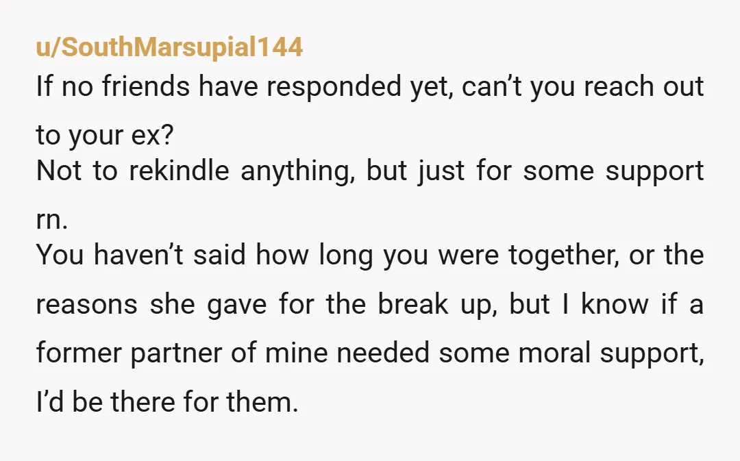 u/SouthMarsupial144 If no friends have responded yet, can’t you reach out to your ex? Not to rekindle anything, but just for some support rn. You haven’t said how long you...