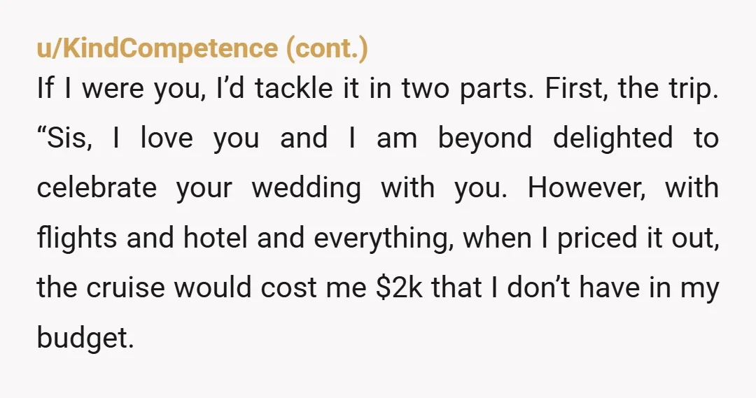 u/Adelucas It sounds like your sister has split the costs so everyone else pays and she gets a free vacation. It happens more often than you would think. Tell her...