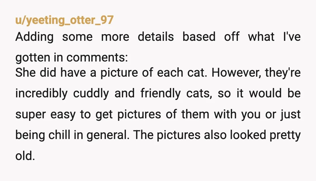 u/yeeting_otter_97 Adding some more details based off what I've gotten in comments: She did have a picture of each cat. However, they're incredibly cuddly and friendly cats, so it would...