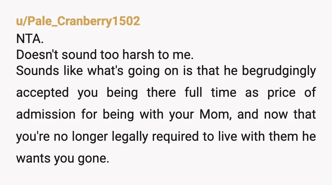 u/Pale_Cranberry1502 NTA. Doesn't sound too harsh to me. Sounds like what's going on is that he begrudgingly accepted you being there full time as price of admission for being with...