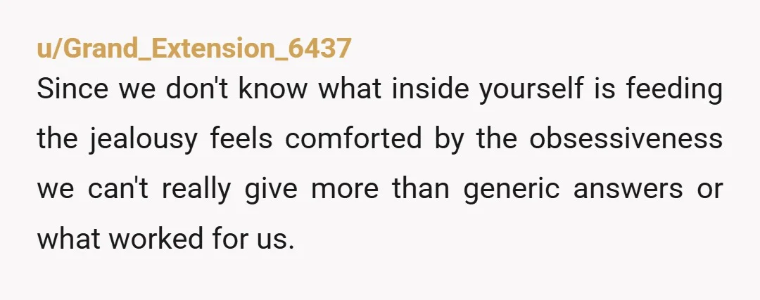 u/Grand_Extension_6437 Since we don't know what inside yourself is feeding the jealousy feels comforted by the obsessiveness we can't really give more than generic answers or what worked for us....