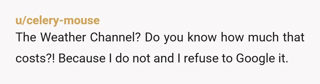 u/celery-mouse
The Weather Channel? Do you know how much that costs?! Because I do not and I refuse to Google it.