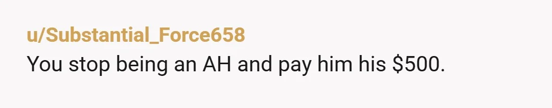u/Substantial_Force658
You stop being an AH and pay him his $500.