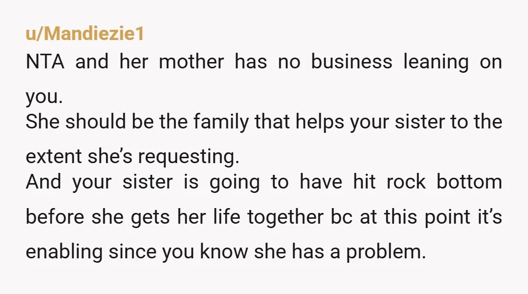 u/TinySpaceDonut
NTA. As a former addict myself… don’t enable her. She needs to learn. I hope she changes :(