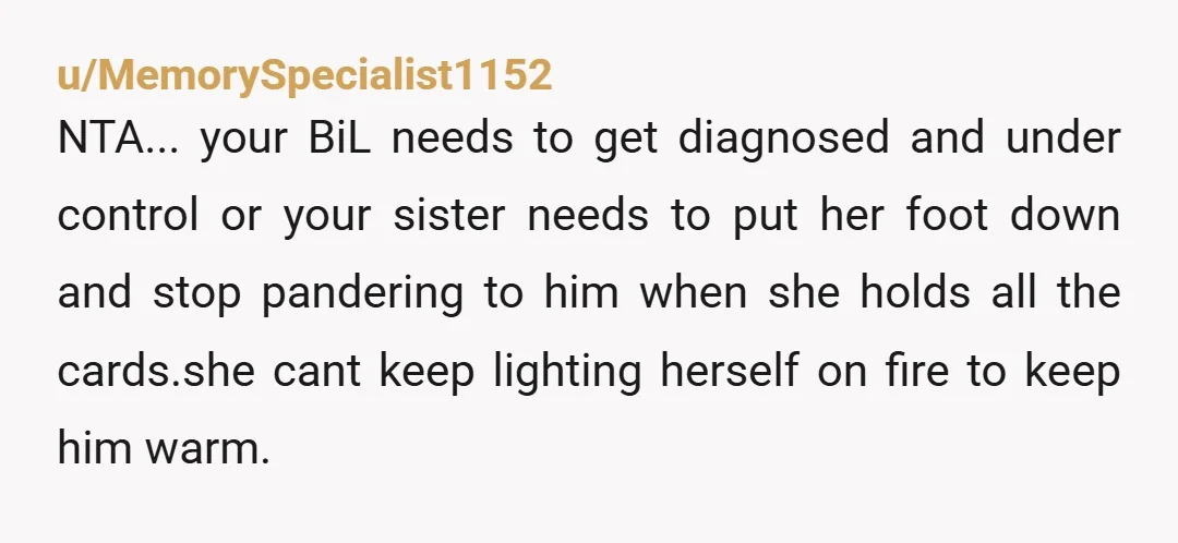 u/MemorySpecialist1152 NTA... your BiL needs to get diagnosed and under control or your sister needs to put her foot down and stop pandering to him when she holds all the...