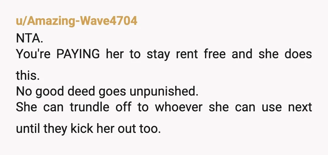u/Amazing-Wave4704 NTA. You're PAYING her to stay rent free and she does this. No good deed goes unpunished. She can trundle off to whoever she can use next until they...